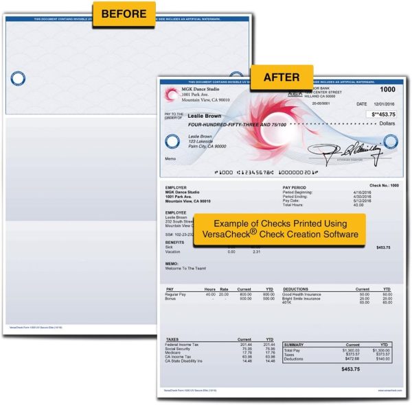 Secure Custom Business Checks - VersaCheck UV Top Secure (DNA) Checks, 500 Sheets Form #1000 - Check on Top Hot on Sale