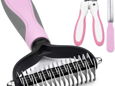 3pcs Pink Double Sided Dog Cat Pet Deshedding Brush + Nail Clippers + Nail File For Sale