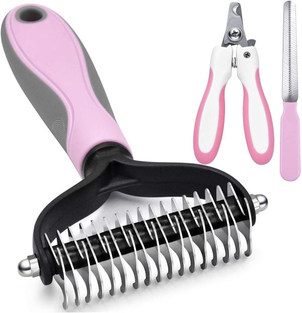 3pcs Pink Double Sided Dog Cat Pet Deshedding Brush + Nail Clippers + Nail File For Sale