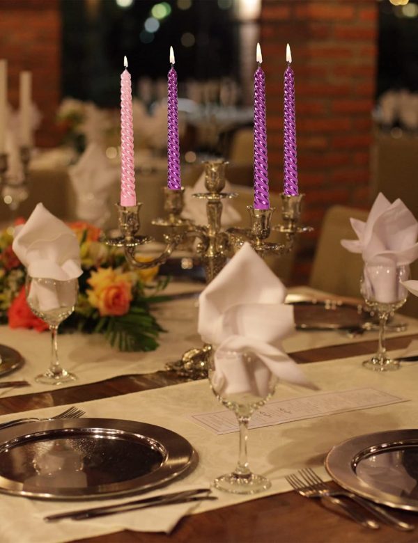 Set of 4 Dripless Taper Candlesticks - 3 Metallic Purple & 1 Pink, 10 Inches, Clean & Smokeless Burn for 9 Hours For Cheap