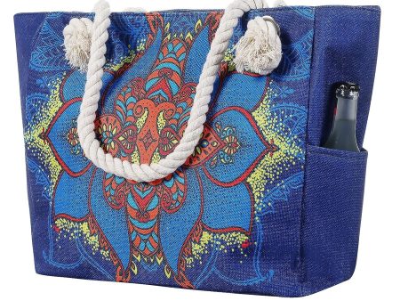 Water Sandproof Blue Boho Canvas Utility Beach Tote Bag w  Cotton Rope & Zipper For Discount