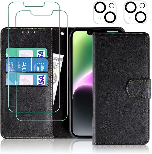 iPhone 14 Plus Kickstand Wallet Case w  2 ea Screen Camera Lens Protectors For Discount