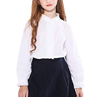 Girls White Blouse, Ruffle Long Sleeve, Button Down, Princess Style, Cotton Soft Tops, Spring Summer, Age 9-10, Cute Design, Performance Party School Uniform Appropriate, Semicircle Mushroom Button, Imported Hot on Sale