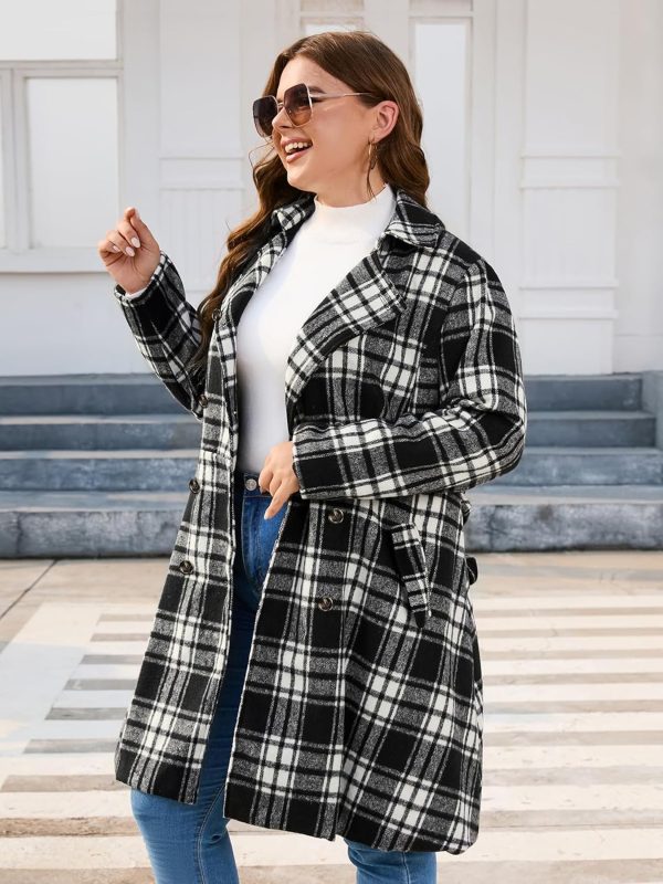 Warm and Stylish Size 22 Plus Black Plaid Notch Lapel Double-Breasted Belted Mid-Long Outwear for Winter For Cheap