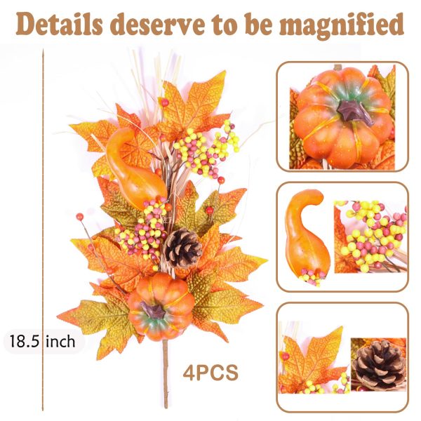 Fall Decor for Home: 4pcs Big Pumpkins Maple Leaves, Faux Floral Stems, Thanksgiving Décor Gifts, Autumn Leaf Picks for Kitchen, Table, Festive Season Enhancements Sale