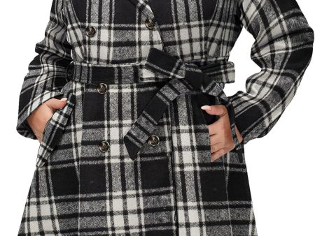 Warm and Stylish Size 22 Plus Black Plaid Notch Lapel Double-Breasted Belted Mid-Long Outwear for Winter For Cheap