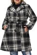 Warm and Stylish Size 22 Plus Black Plaid Notch Lapel Double-Breasted Belted Mid-Long Outwear for Winter For Cheap