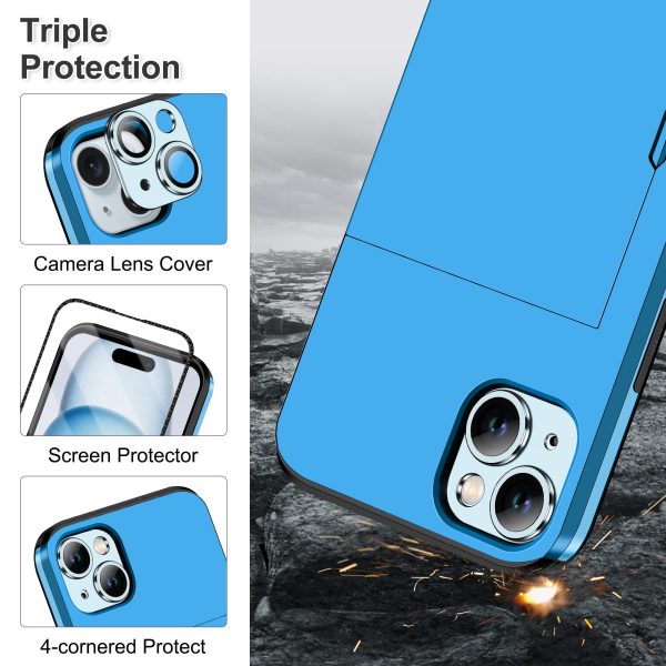 iPhone 15 Case: 4-in-1 Protective Hybrid with Card Holder, Screen Protector & Camera Cover (Light Blue) Online now