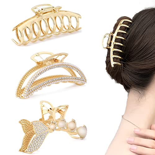 Large Metal Hair Claws for Women Moon Hair Claws for Thick Hair 5 Pack 4.3  Fancy Gold Pretty Pearl Rhinestones Claws for Girls Gift for Mom Wife Daughter Girlfriend Friends For Sale