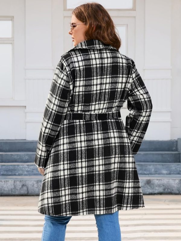 Warm and Stylish Size 22 Plus Black Plaid Notch Lapel Double-Breasted Belted Mid-Long Outwear for Winter For Cheap