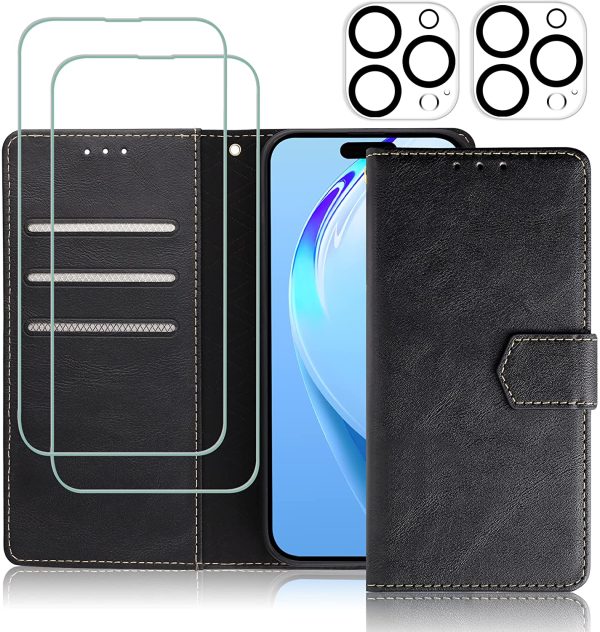 iPhone 14 Pro Max Kickstand Wallet Case w  2 ea Screen Camera Lens Protectors Fashion