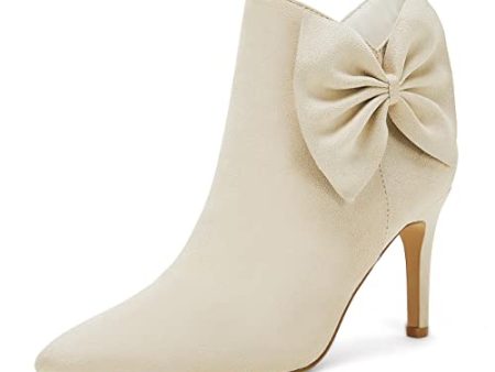 Womens Pointed Toe Ankle Boots Stiletto High Kitten Heels Side Zipper Bow Booties Fall Winter Dress Shoes Beige 7 Online now