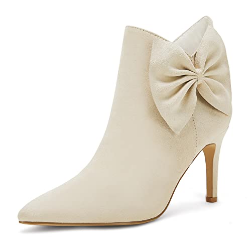 Womens Pointed Toe Ankle Boots Stiletto High Kitten Heels Side Zipper Bow Booties Fall Winter Dress Shoes Beige 7 Online now