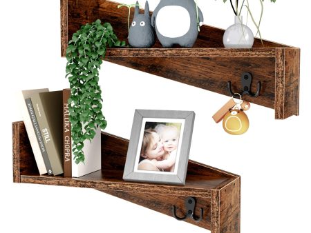 Rustic Wood Floating Shelves Set of 2 with Coat Hooks - Versatile Wall Mounted Storage for Home, Kitchen, Bedroom, Living Room, Bathroom, and Farmhouse Decor - Unique Parallelogram Design, Brown Online now