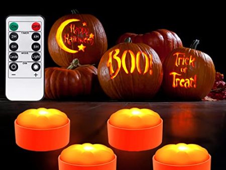 Halloween LED Pumpkin Lights with Remote Timer - Battery Operated Jack-O-Lantern Decor Electric Flameless Candle with Flickering Bright Light for Party Home Porch Fall Decorations - 4 Pack Set For Discount