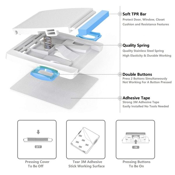 Sliding Glass Door Child Lock - Baby Safety Slide Window Locks, No Drilling, Strong Durable 3M Adhesive Tap, Stainless Steel, ABS Plastic, Double Button Design, Childproof Patio, Closet, Cabinet Doors, 4 Pack, Blue For Cheap