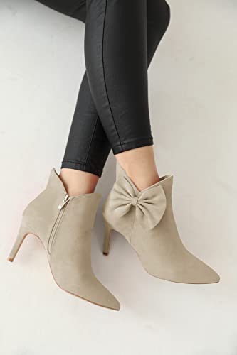 Womens Pointed Toe Ankle Boots Stiletto High Kitten Heels Side Zipper Bow Booties Fall Winter Dress Shoes Beige 7 Online now