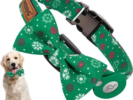 Size Large Green Snow AirTag Dog Collar - Fashionable, Adjustable, Soft Nylon Pet Collar with Detachable Bow Tie, GPS Holder Online