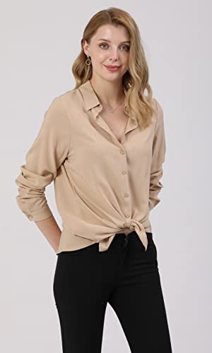 Khaki Dressy Blouse for Women - Casual Long Sleeve Button Down Shirts Tops, Lightweight 100% Viscose Fabric, Perfect for All Seasons, Trendy Design, Ideal for Work, School, and Outdoors Sale