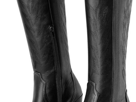 Stylish Black Size 9 Women s Knee-High Cowboy Boots with Embroidered Details and Chunky Heel Fashion