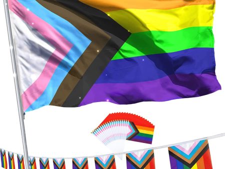 Progress Pride Rainbow Flag Decorations Set - 3x5 ft Flag, Handheld Flags, Banner String | LGBTQ, Bisexual, Non-Binary, Lesbian, Gay, Transgender, Proculsexual Pride Symbols for Outdoor Celebrations Sale