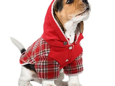 IKIPUKO Dog Winter Coat, Dog Fleece Jacket Dog Coat with Harness Hole Dog Hoodie with Hat Plaid Warm Dog Coat for Large Medium Small Dogs Puppy Hoodie Hooded Cold Weather Clothes(Red,L) Online Sale