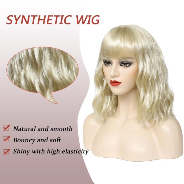 12  Blonde Wavy Shoulder-Length Wig with Bangs for Daily or Party Use Cheap