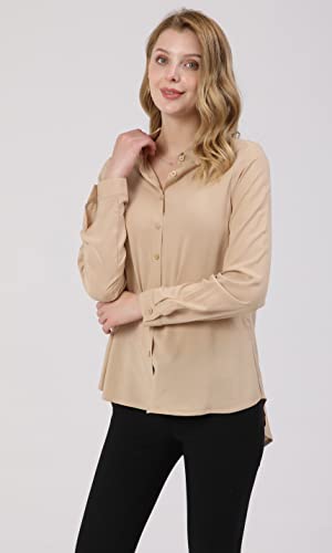 Khaki Dressy Blouse for Women - Casual Long Sleeve Button Down Shirts Tops, Lightweight 100% Viscose Fabric, Perfect for All Seasons, Trendy Design, Ideal for Work, School, and Outdoors Sale