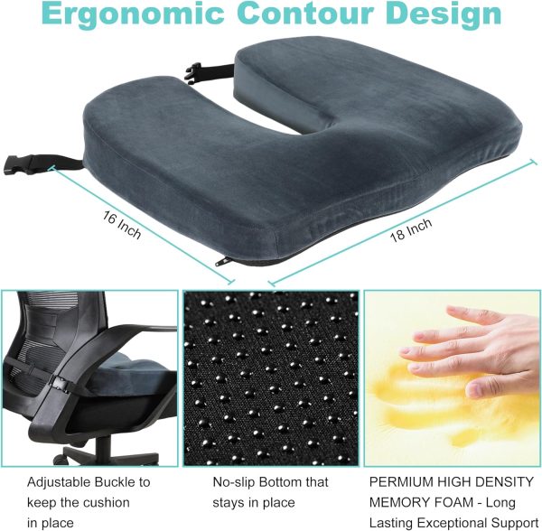 Tailbone Pain Relief Memory Foam Cushion 18 x16 x3  - Sciatica, Coccyx Support for Office & Car Fashion