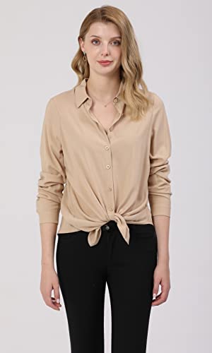 Khaki Dressy Blouse for Women - Casual Long Sleeve Button Down Shirts Tops, Lightweight 100% Viscose Fabric, Perfect for All Seasons, Trendy Design, Ideal for Work, School, and Outdoors Sale