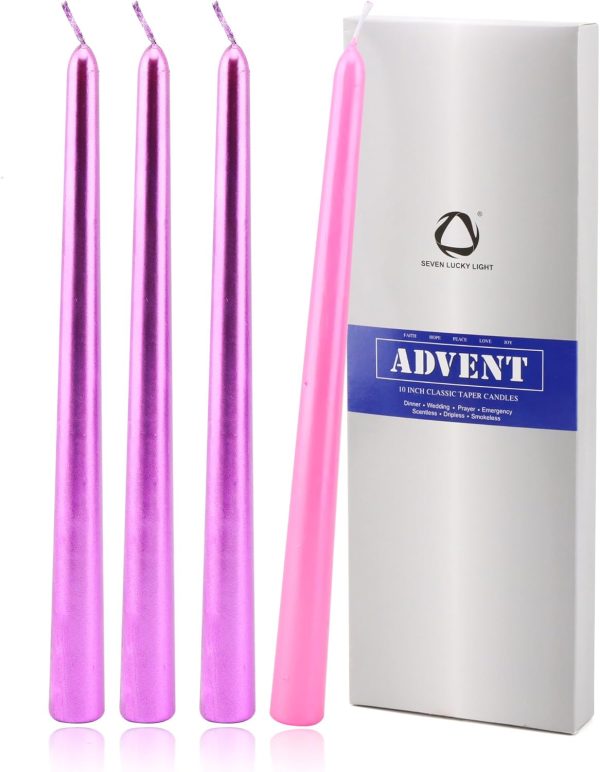 Set of 4 Dripless Taper Candlesticks - 3 Metallic Purple & 1 Pink, 10 Inches, Clean & Smokeless Burn for 9 Hours For Cheap