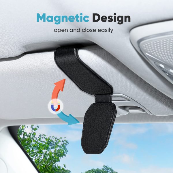 Sunglasses Holder for Car Sun Visor - Magnetic Leather Clip, 2 Pack Black Online now